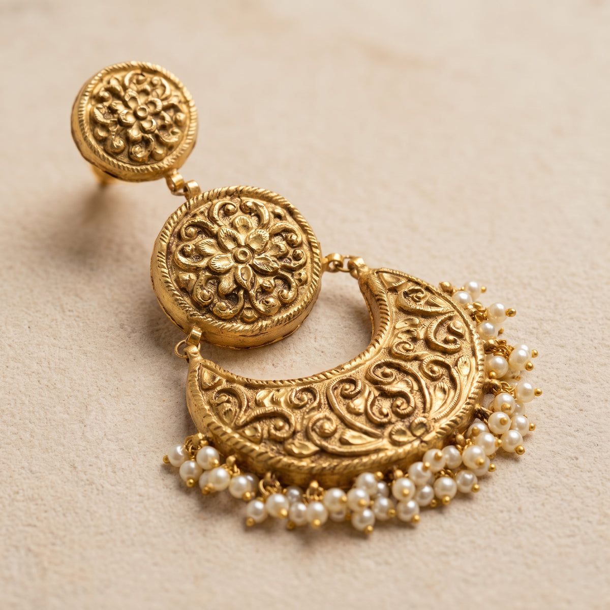 Handcrafted 22kt 916 Hallmarked Gold Chandbali Jhumkas in All Gold Crescent Jhumki Lightweight Gold Sheet Work