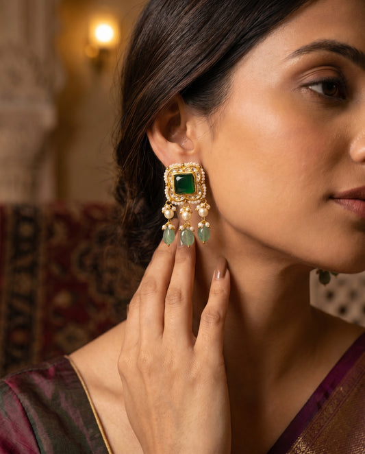 Jharoka Green square earrings | Vama Gears