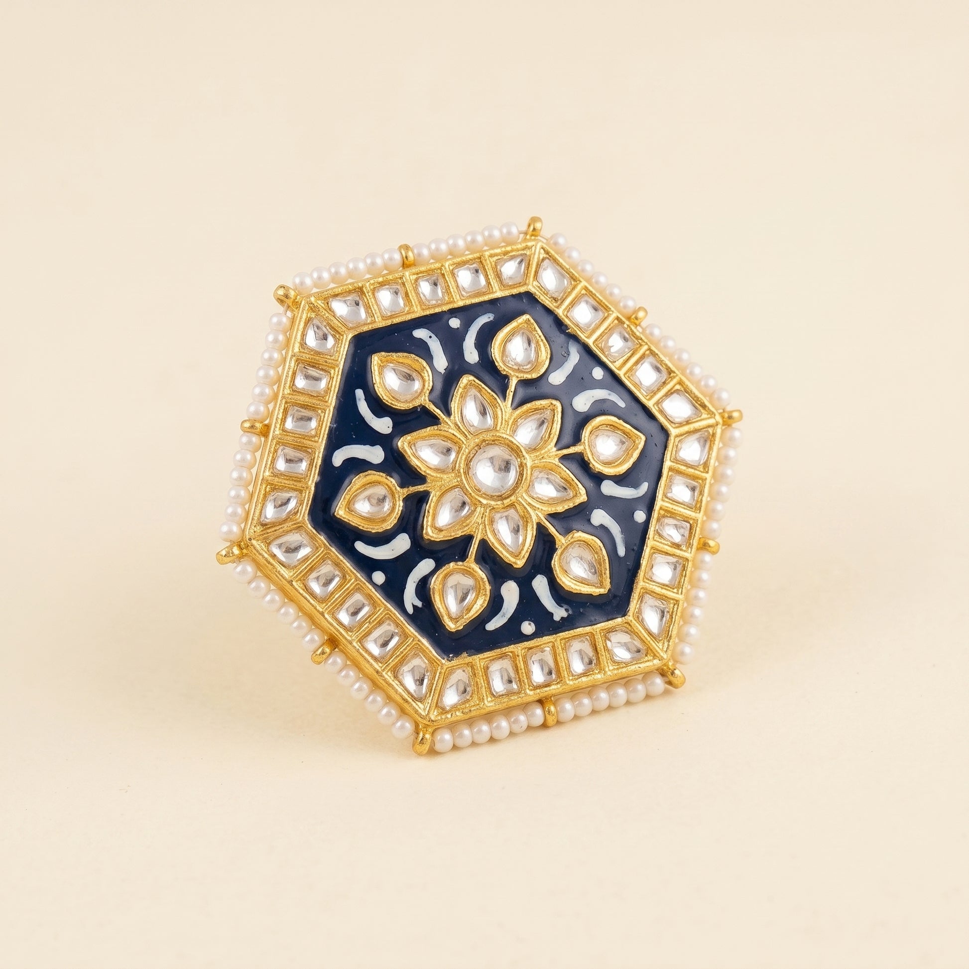 Handcrafted 22kt Gold Blue Hexagon Ring with Blue Meenakari Enamel Work and Certified Syndicate Polki in Thapa Work