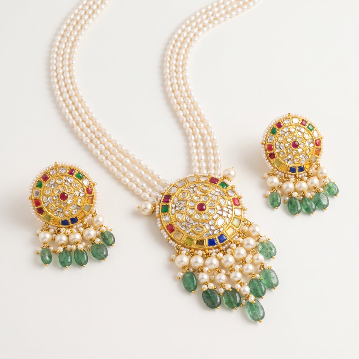 Handcrafted 22kt Gold Navratan Pendant Set with 5 Carat Certified Syndicate Polki and Multi-Colour Semi Precious Stones in Thapa Work
