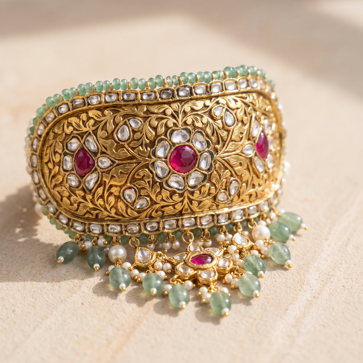 Handcrafted 22kt Gold Pratash Choker Set with 9 Carat Certified Syndicate Polki in Thapa Work
