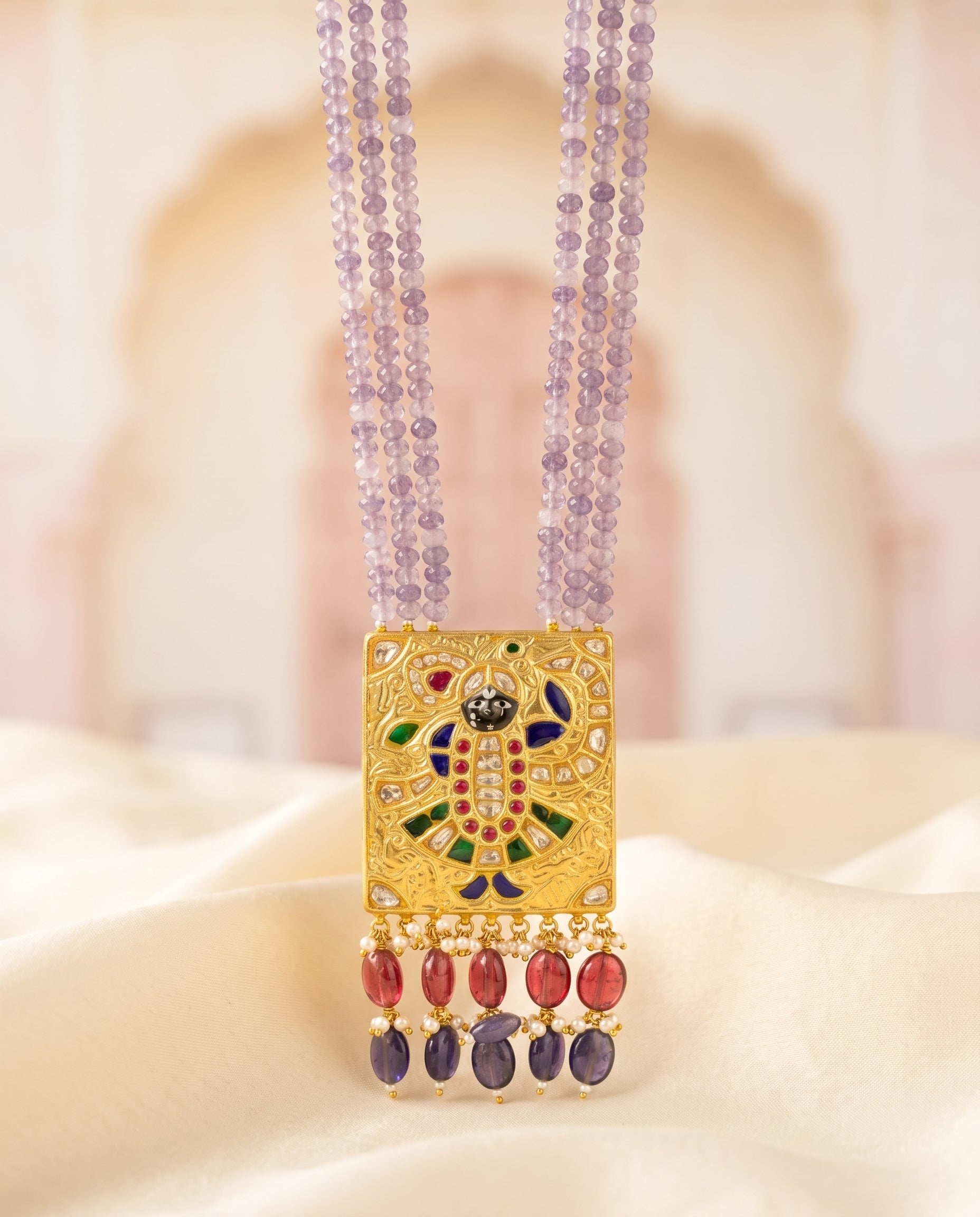 Handcrafted 22kt Gold Shreenathji Pendant with 3 Carat Certified Syndicate Polki in Devotional Thapa Work