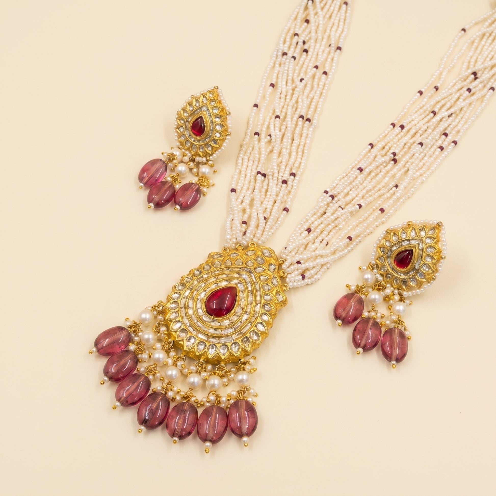 Jharoka Diamond shape ruby pendant set | Vama Gears
