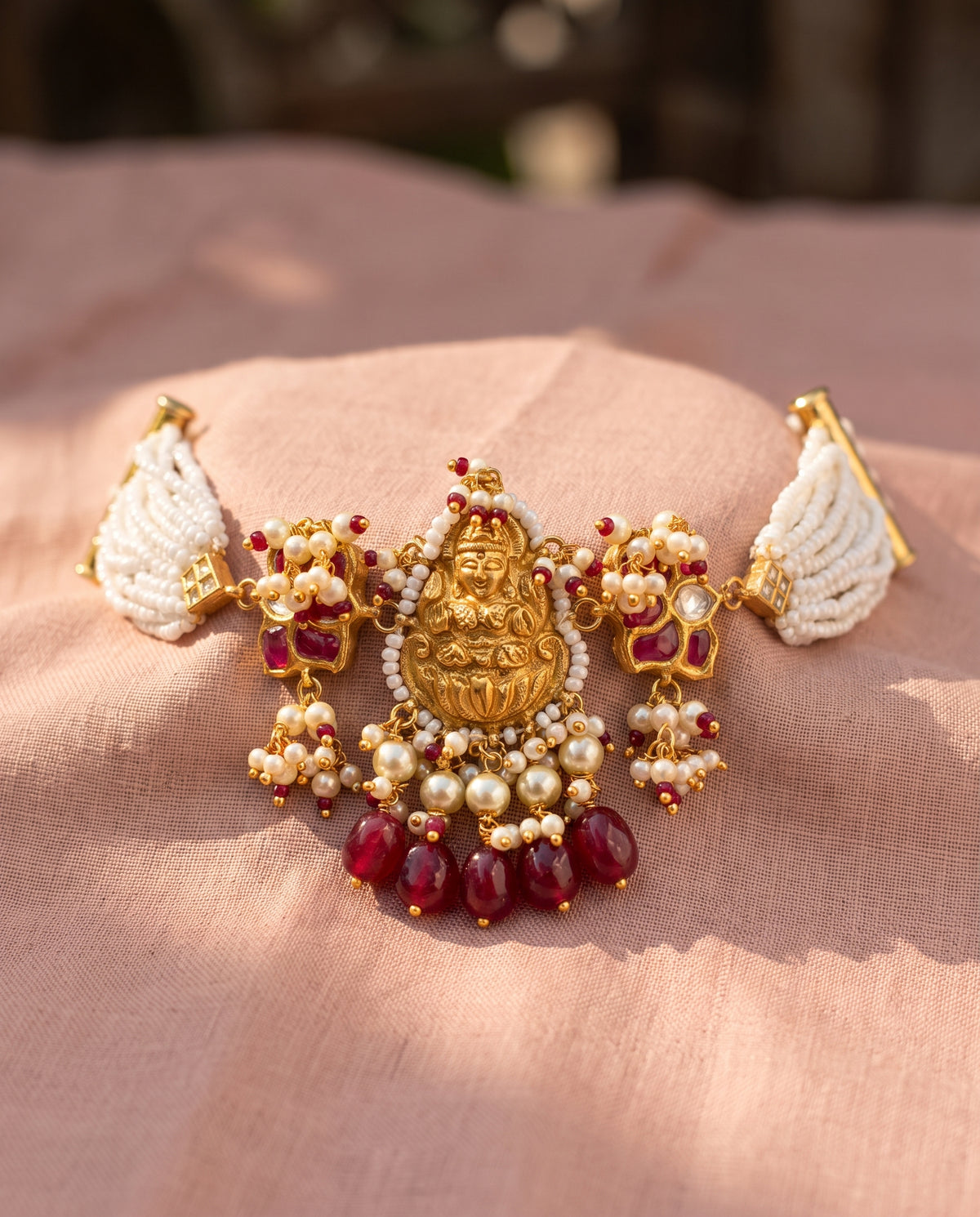 Handcrafted 22kt Gold Lakshmi Choker with Goddess Lakshmi Motif and Certified Syndicate Polki in Thapa Work
