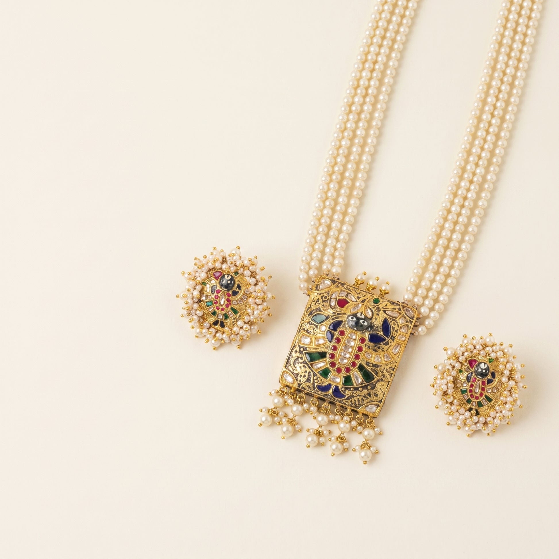 Handcrafted 22kt Gold Shreenathji Pearl Pendant Set with 4 Carat Certified Syndicate Polki and Pearls in Devotional Thapa Work