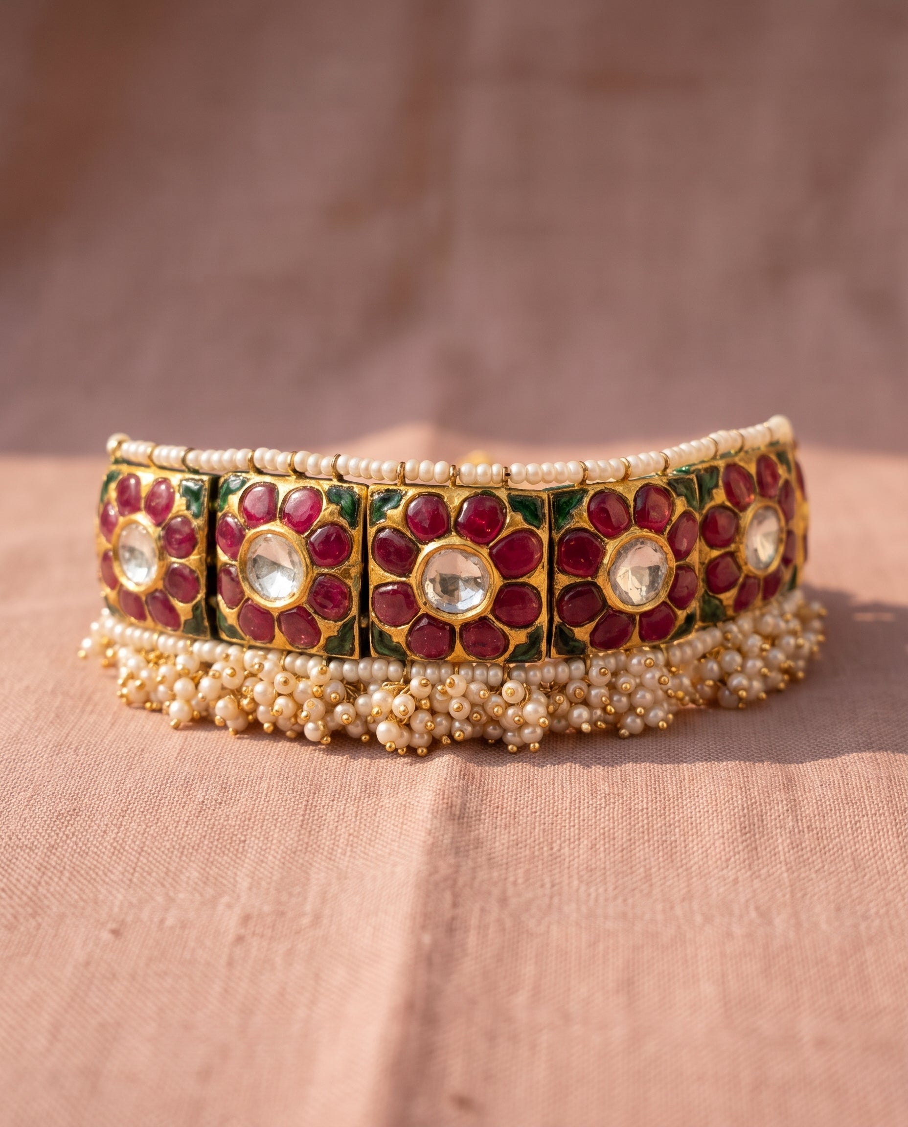 Handcrafted 22kt Gold Flower Bracelet cum Choker with 3.5 Carat Certified Syndicate Polki in Floral Thapa Work