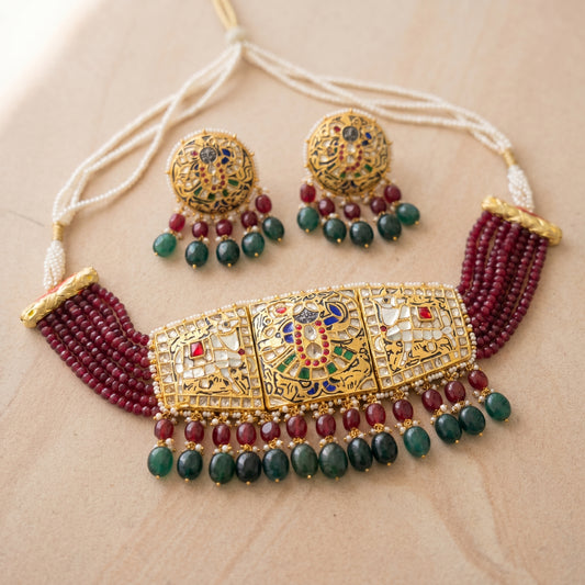 Jharoka Shreenathji choker set green and maroon | Vama Gears