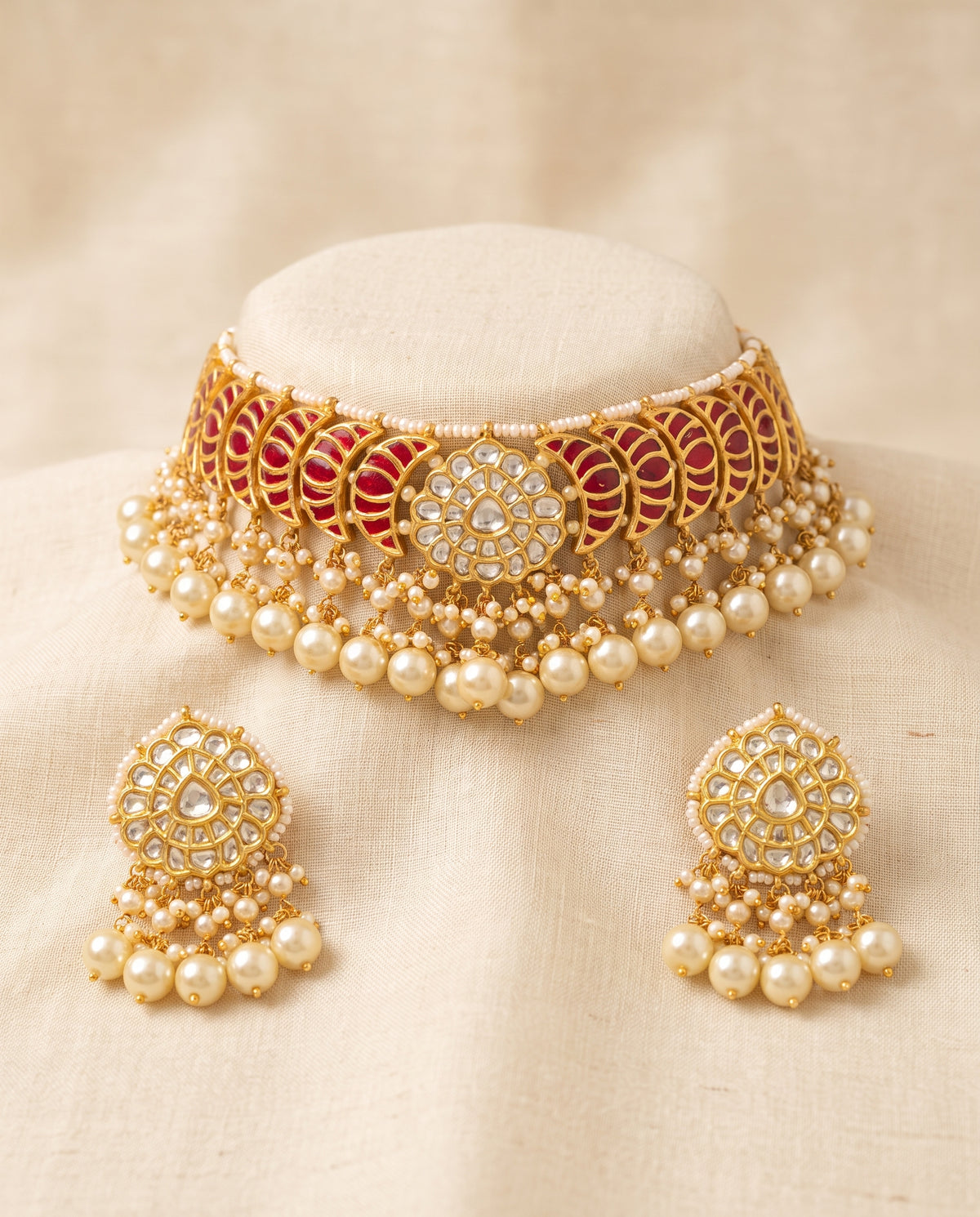 Handcrafted 22kt Gold Ruby Half Moon Choker Set with 12 Carat Certified Syndicate Polki and Ruby Red Semi Precious Stones in Crescent Thapa Work