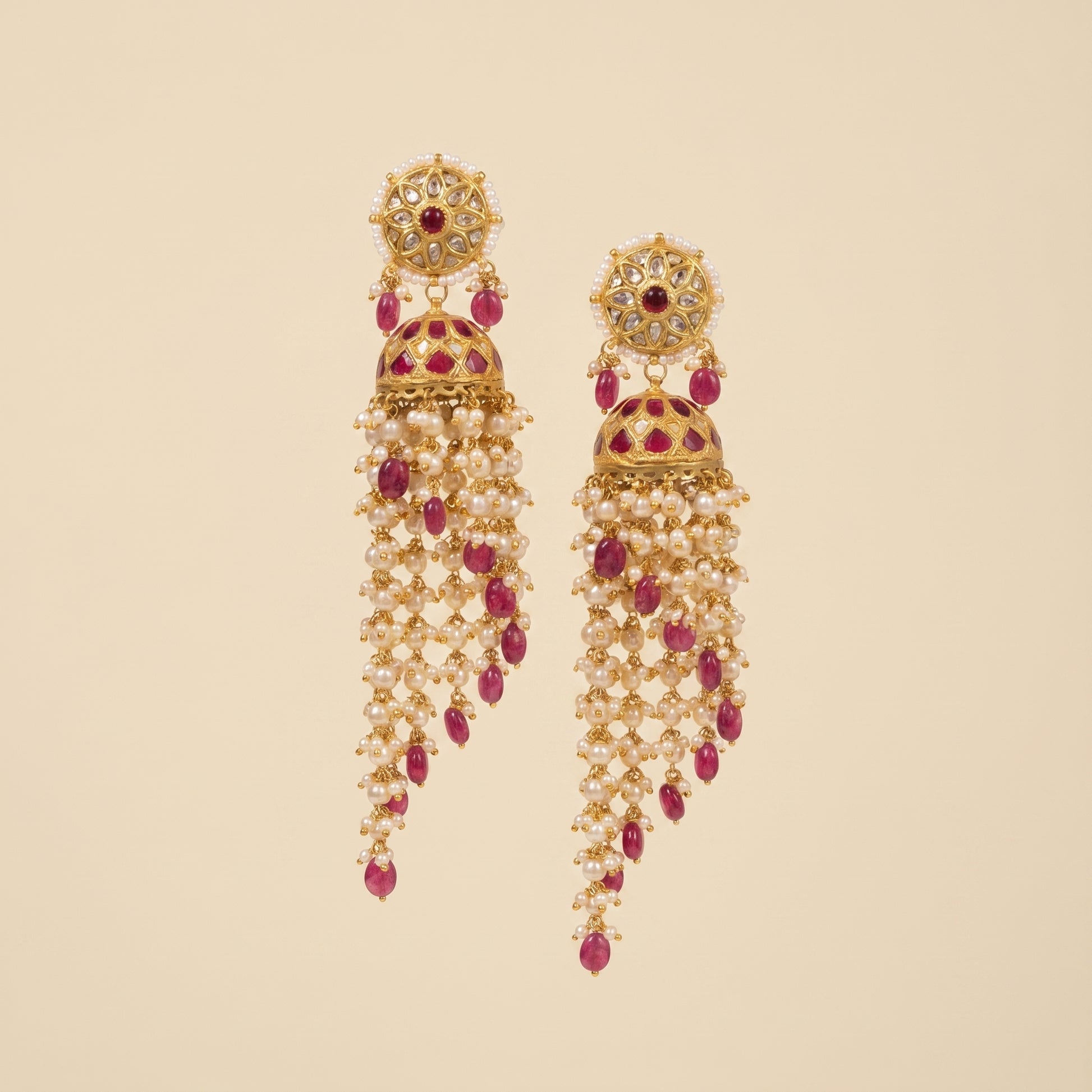 Jharoka Pink waterfall long jhumkis | Vama Gears