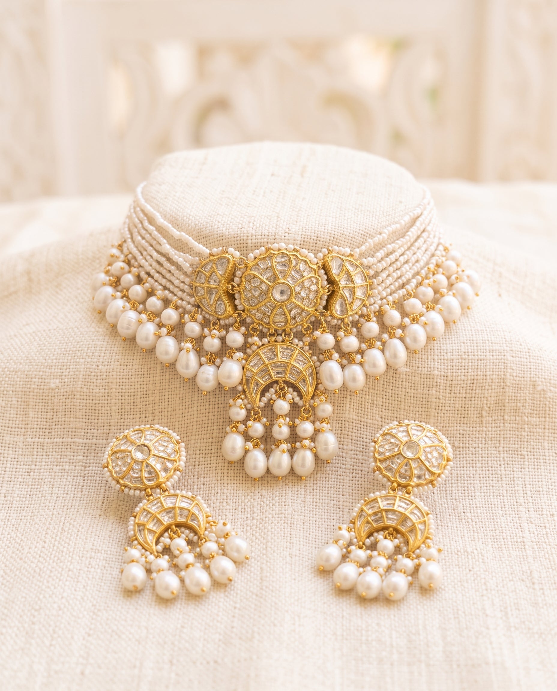 Handcrafted 22kt Gold Round Chand Pearl Choker Set with 5 Carat Certified Syndicate Polki Crescent Motifs and Pearls in Thapa Work