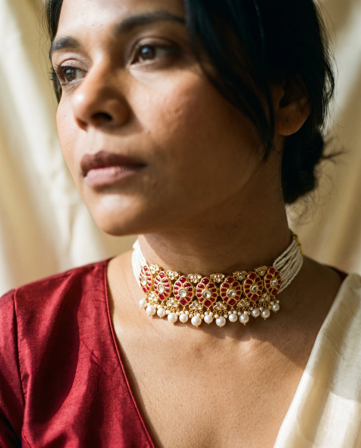 Handcrafted 22kt Gold Ruby Oval Choker Set with 8 Carat Certified Syndicate Polki and Ruby Red Semi Precious Stones in Oval Motif Thapa Work