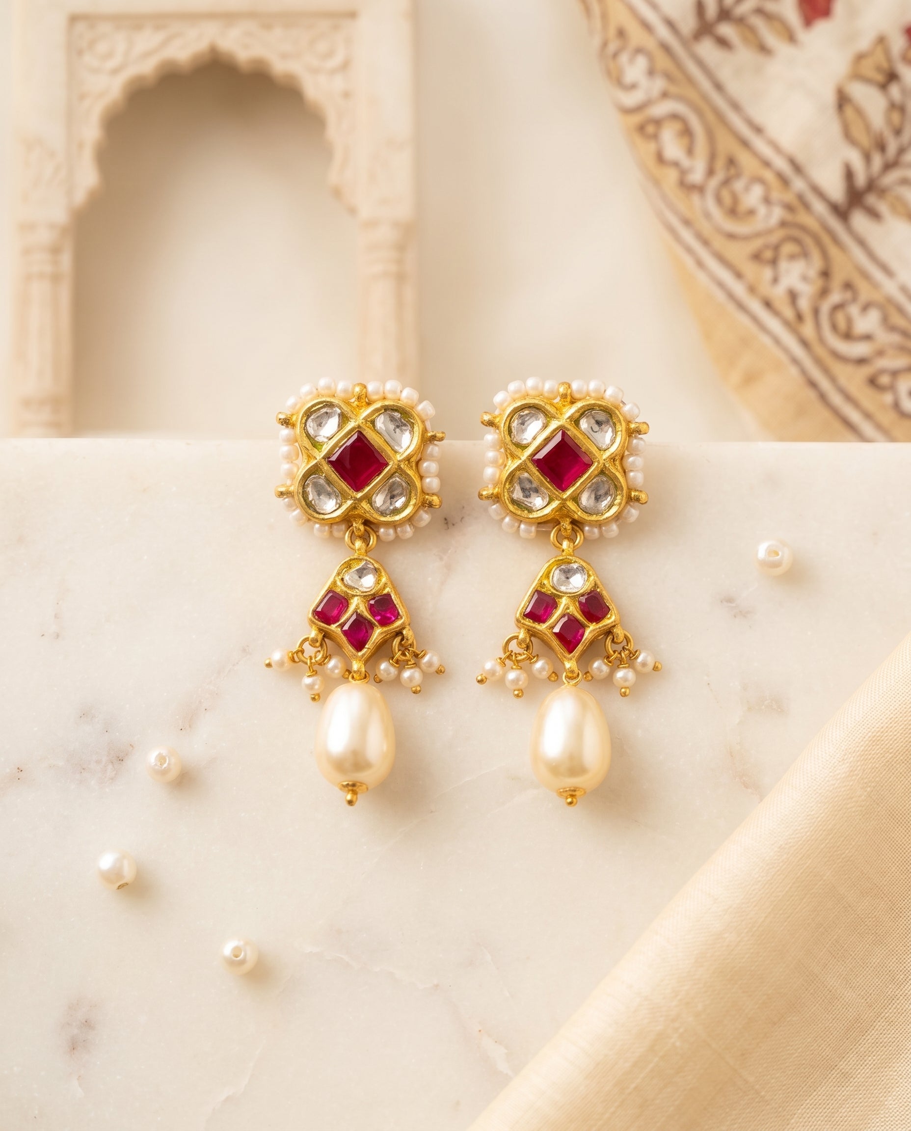 Handcrafted 22kt Gold Red Chowfully Trifully Drop Earrings with Certified Syndicate Polki and Red Semi Precious Stones in Floral Cluster Thapa Work