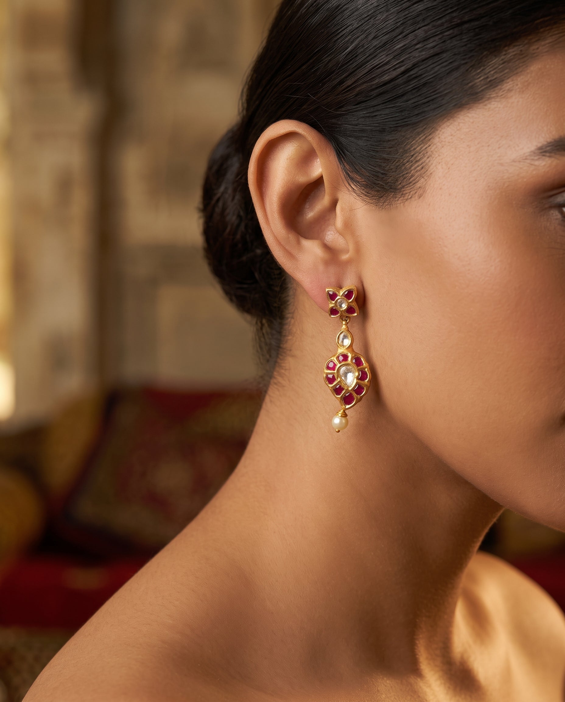 Handcrafted 22kt Gold Mango Earrings with Certified Syndicate Polki in Traditional Mango Keri Motif Thapa Work