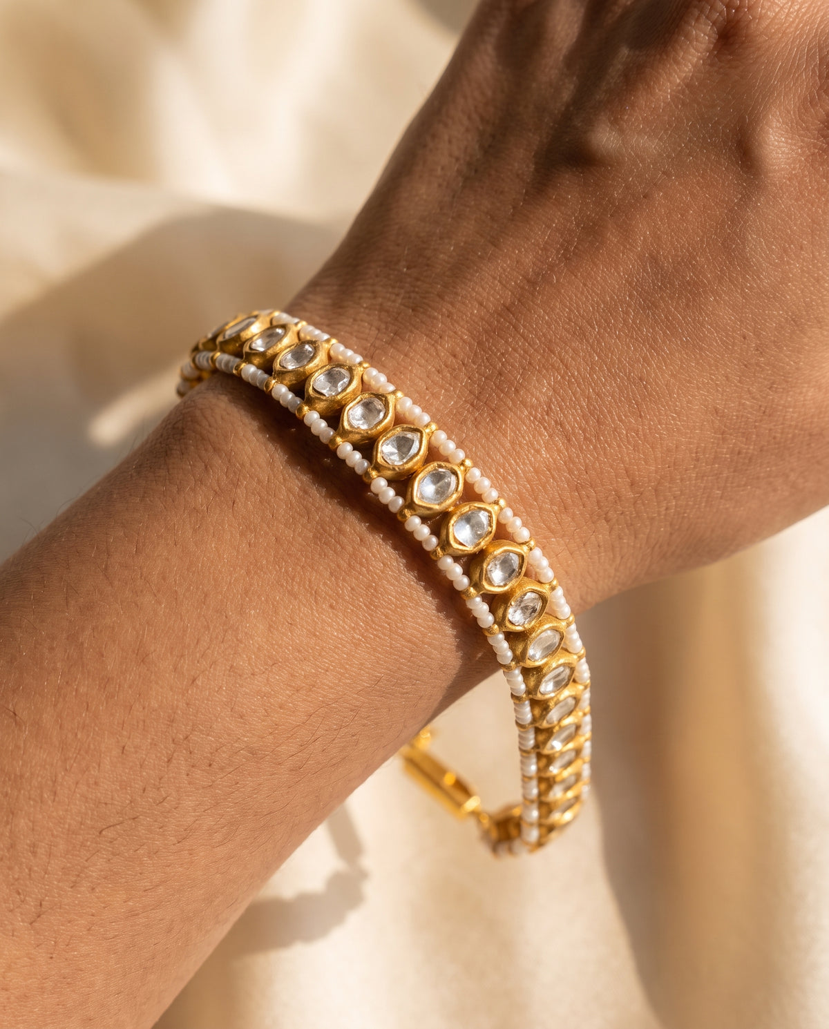 Handcrafted 22kt Gold Single Line Kilvas Bracelet with 3.5 Carat Certified Syndicate Polki in Thapa Work