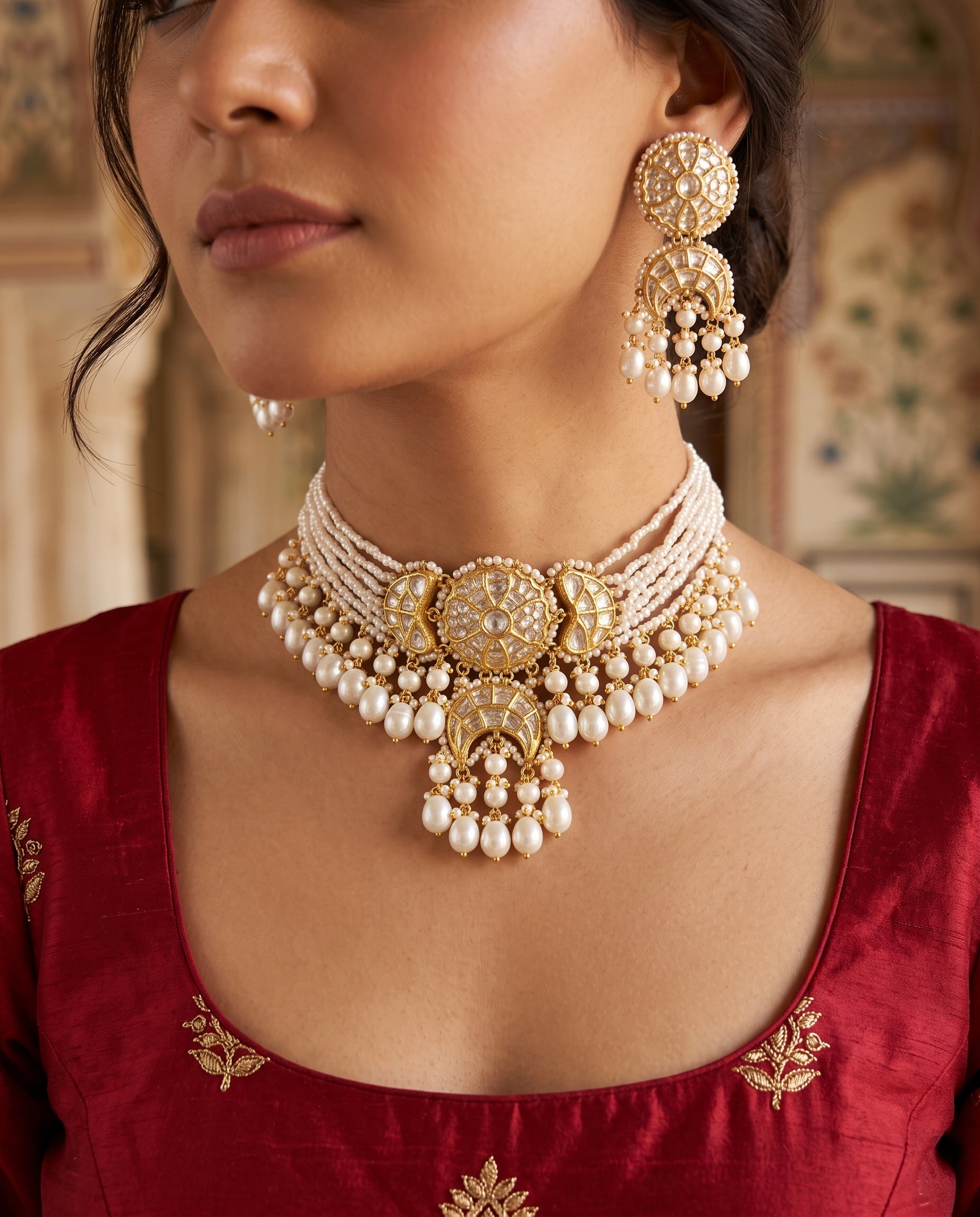 Handcrafted 22kt Gold Round Chand Pearl Choker Set with 5 Carat Certified Syndicate Polki Crescent Motifs and Pearls in Thapa Work