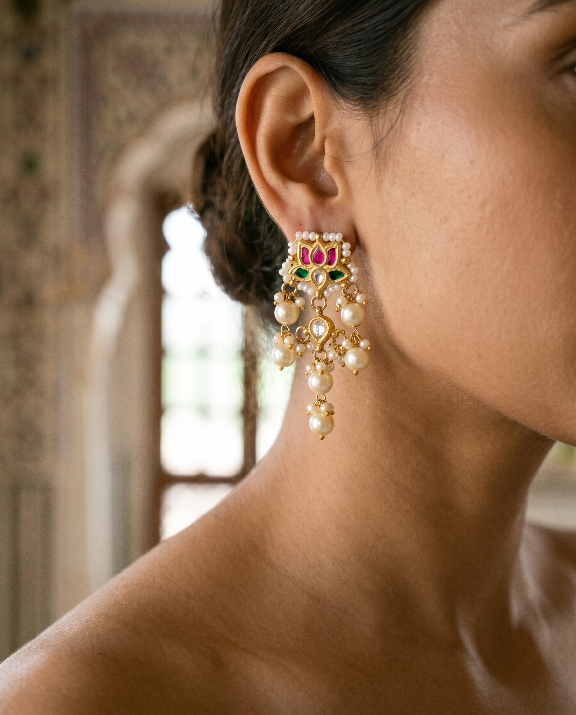 Handcrafted 22kt Gold White Lotus Earrings with Certified Syndicate Polki and White Stones in Lotus Motif Thapa Work