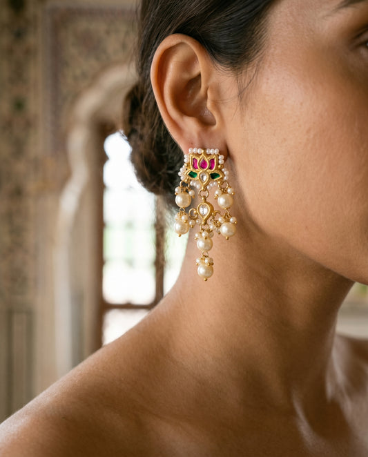 Handcrafted 22kt Gold White Lotus Earrings with Certified Syndicate Polki and White Stones in Lotus Motif Thapa Work