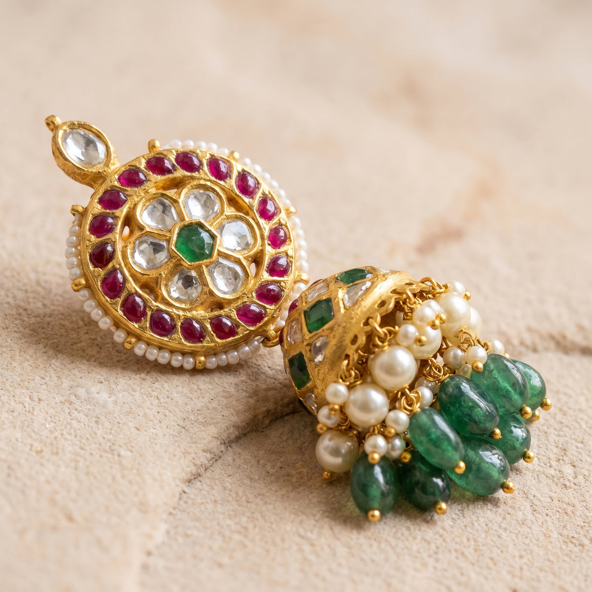 Handcrafted 22kt Gold Bottumala Jhumka with 3 Carat Certified Syndicate Polki in Traditional Jhumki Thapa Work