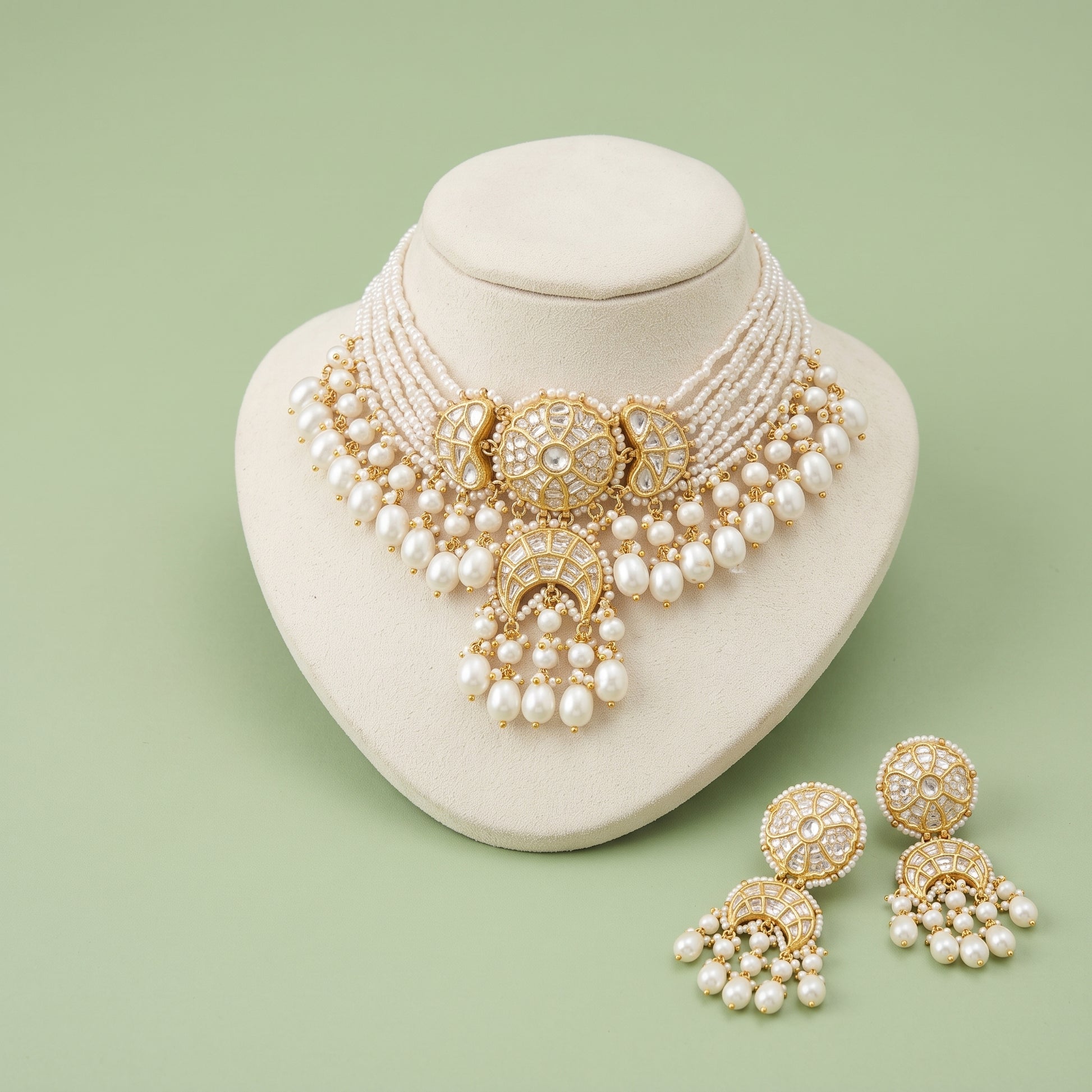 Handcrafted 22kt Gold Round Chand Pearl Choker Set with 5 Carat Certified Syndicate Polki Crescent Motifs and Pearls in Thapa Work