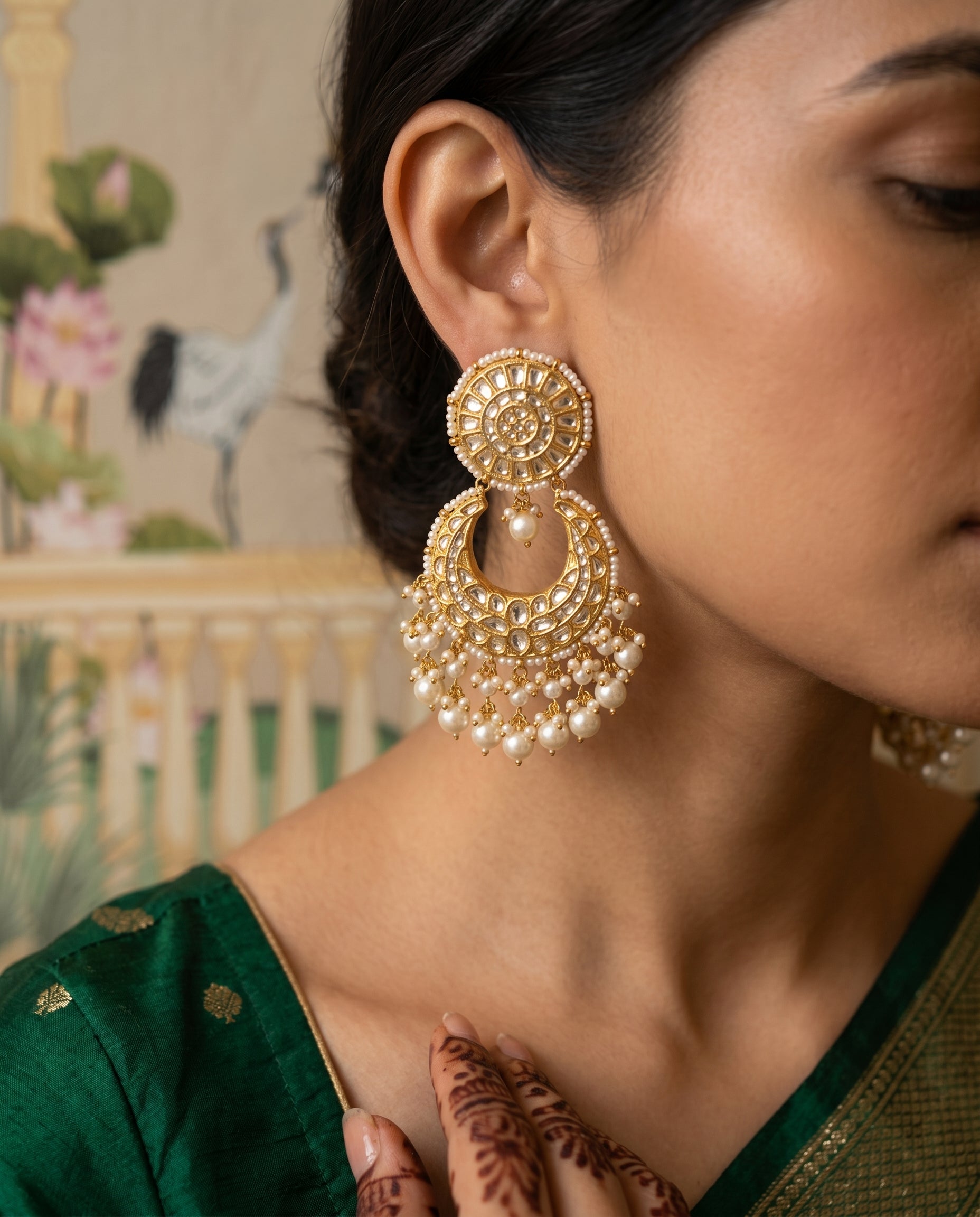 Handcrafted 22kt Gold All Polki Chandbali Earrings with 4 Carat Certified Syndicate Polki Across the Crescent in Thapa Work