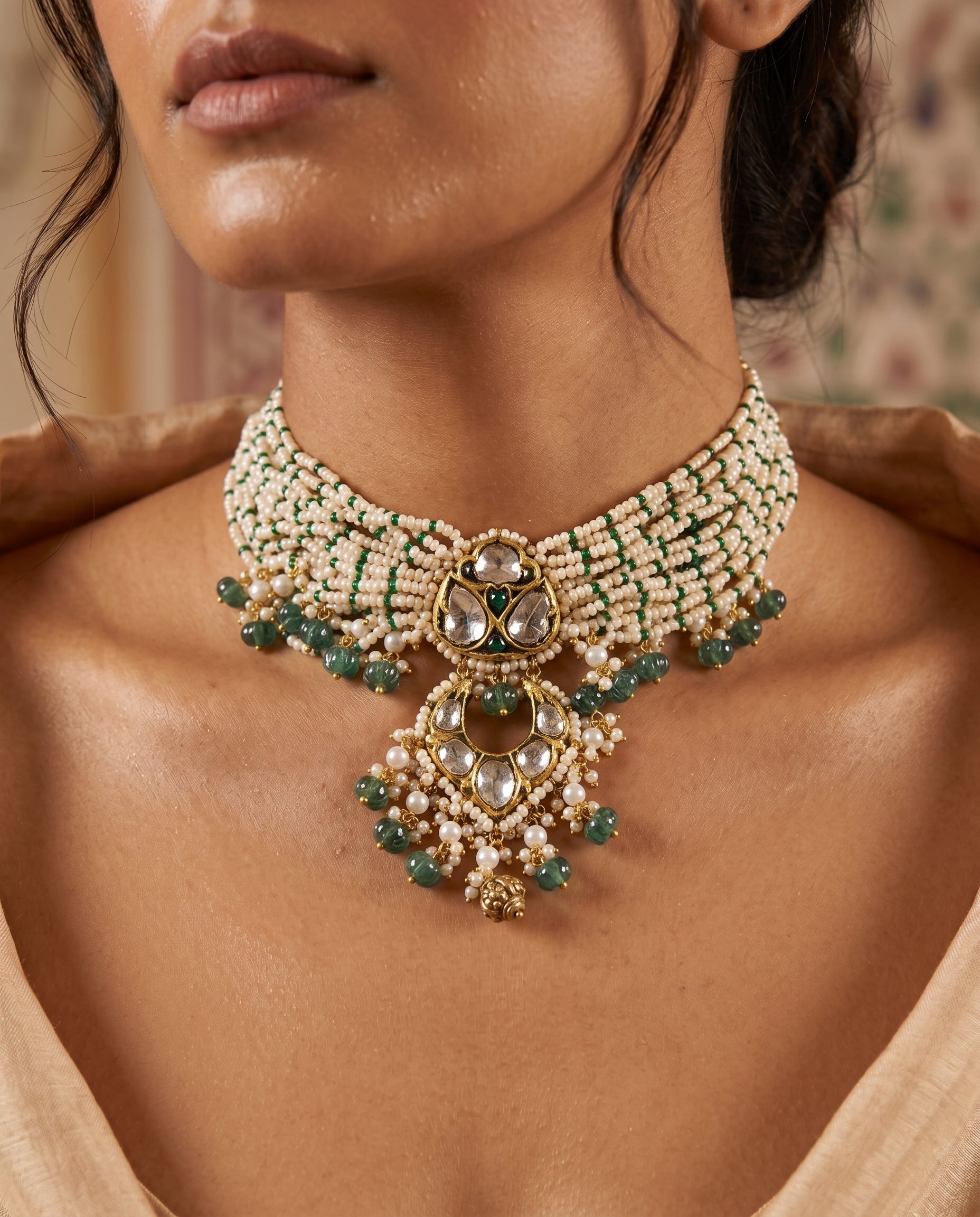 Handcrafted 22kt Gold Green Triangle Choker with Certified Syndicate Polki and Green Semi Precious Stones in Thapa Work