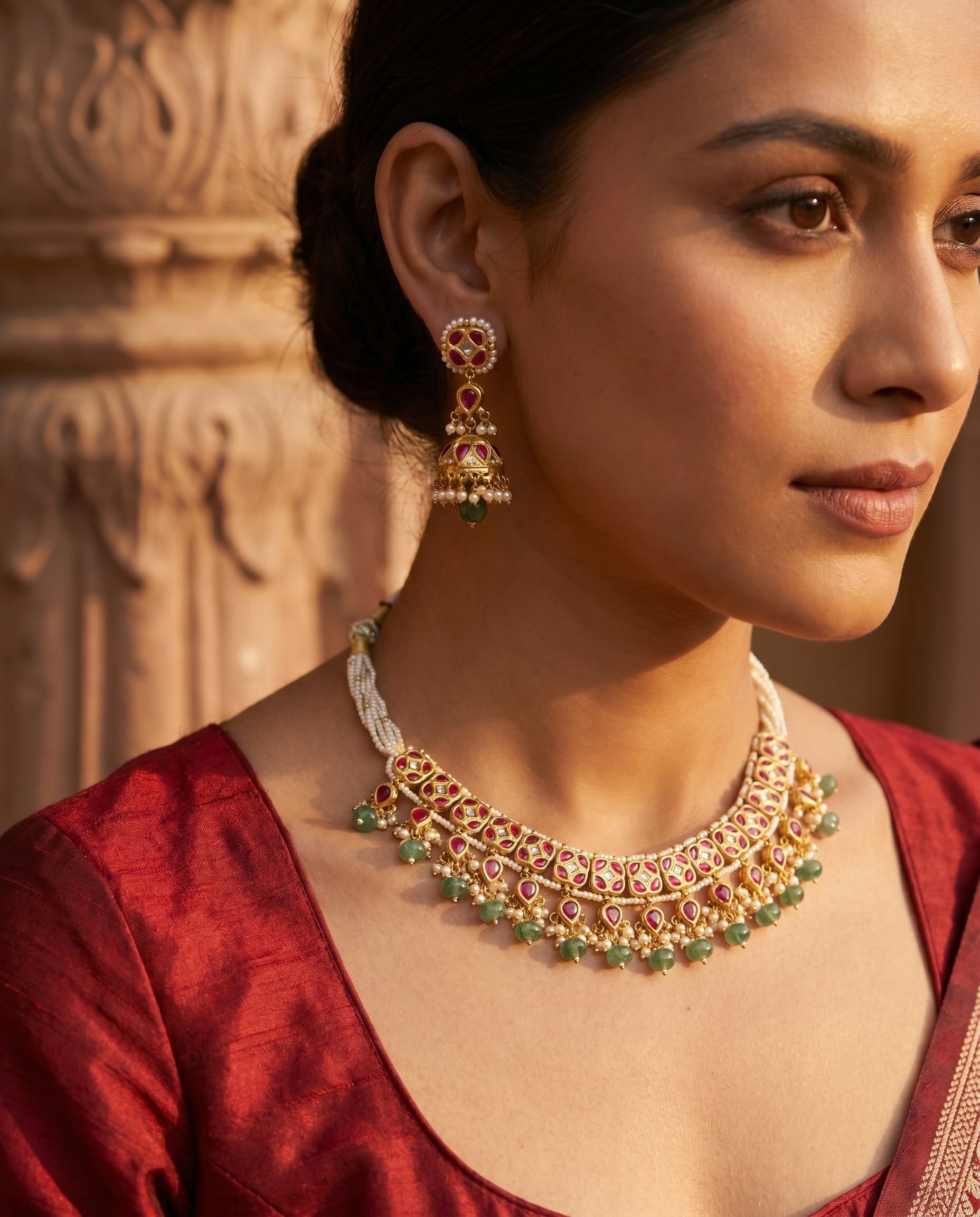Jharoka Red set necklace | Vama Gears