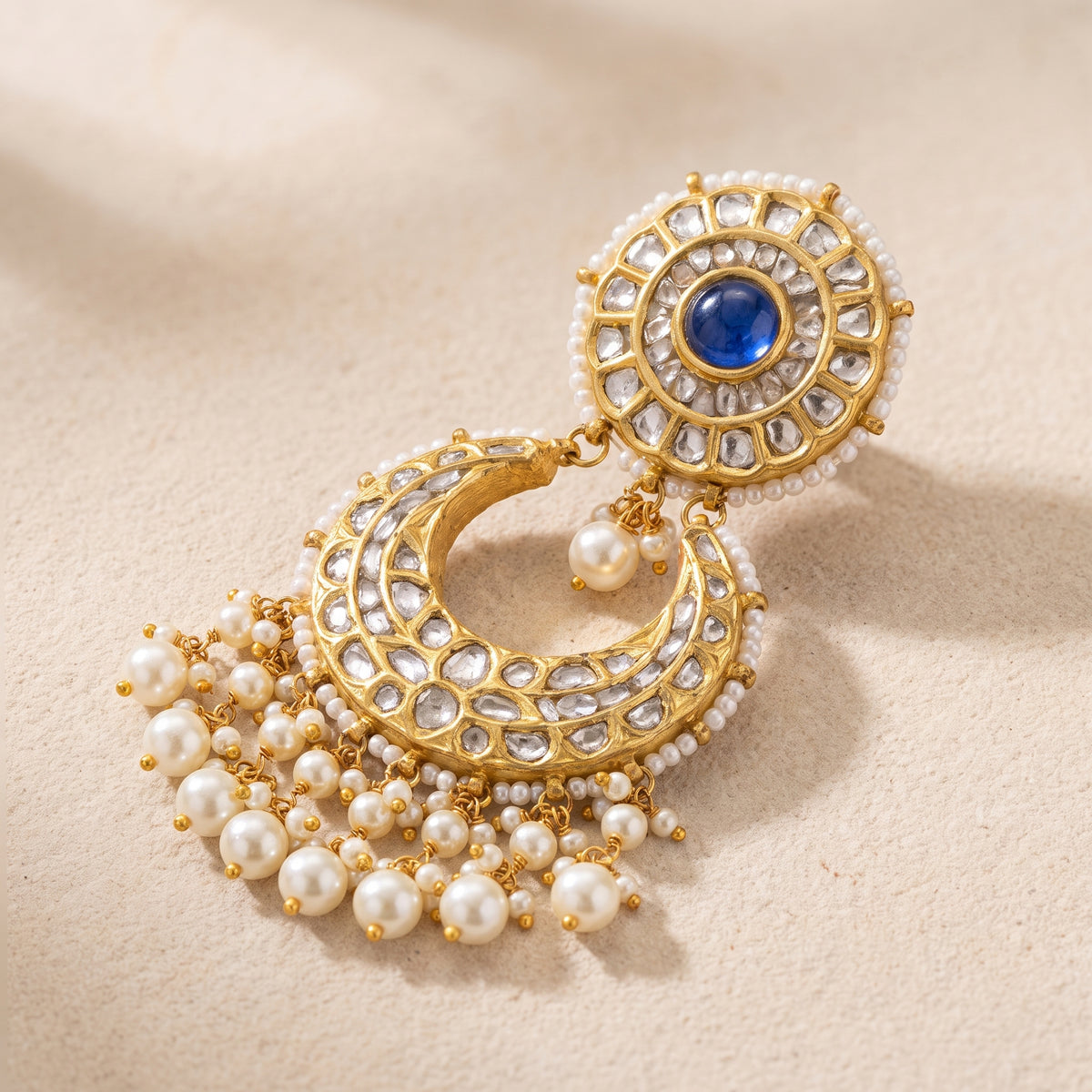 Handcrafted 22kt Gold All Polki Chandbali Earrings with 4 Carat Certified Syndicate Polki Across the Crescent in Lightweight Gold Sheet Work