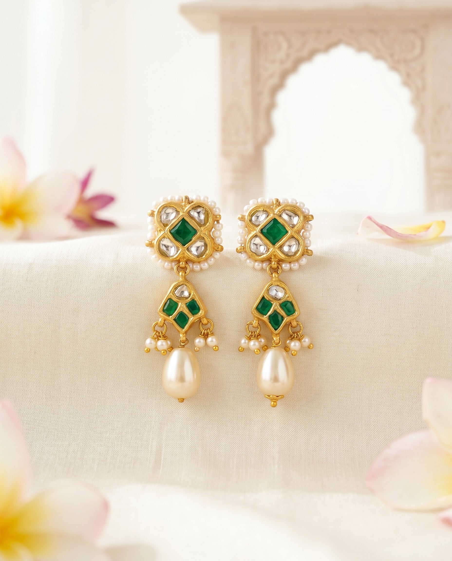 Handcrafted 22kt Gold Green Chowfully Trifully Drop Earrings with Certified Syndicate Polki and Green Semi Precious Stones in Floral Cluster Thapa Work