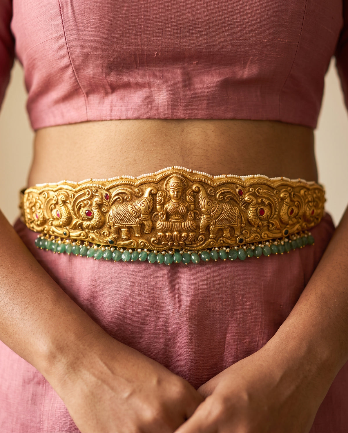 Handcrafted 22kt 916 Hallmarked Gold Temple Belt Kamarband Waist Ornament with Temple Motifs in Thapa Work
