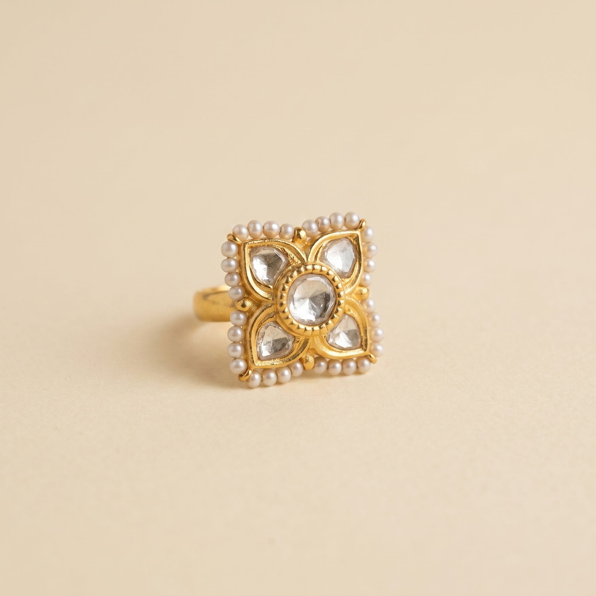 Handcrafted 22kt Gold Petal Ring with Certified Syndicate Polki in Petal Motif Thapa Work