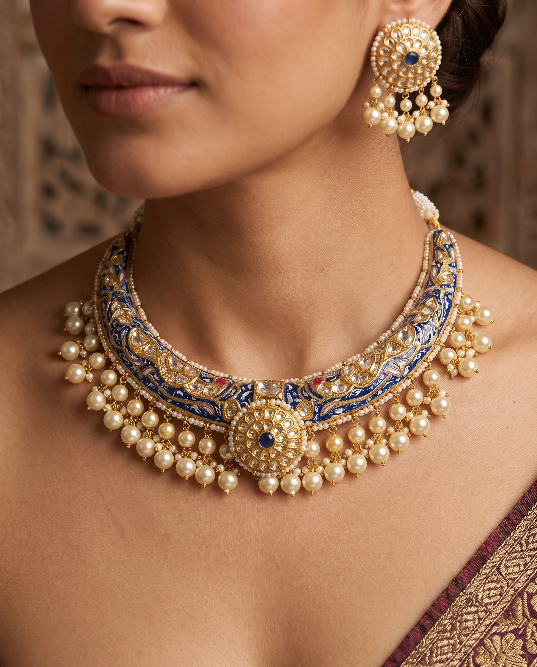 Handcrafted 22kt Gold Blue Meenakari Jadau Hasli Set with 5 Carat Certified Syndicate Polki Jadau Work and Blue Meenakari Enamel in Thapa Work