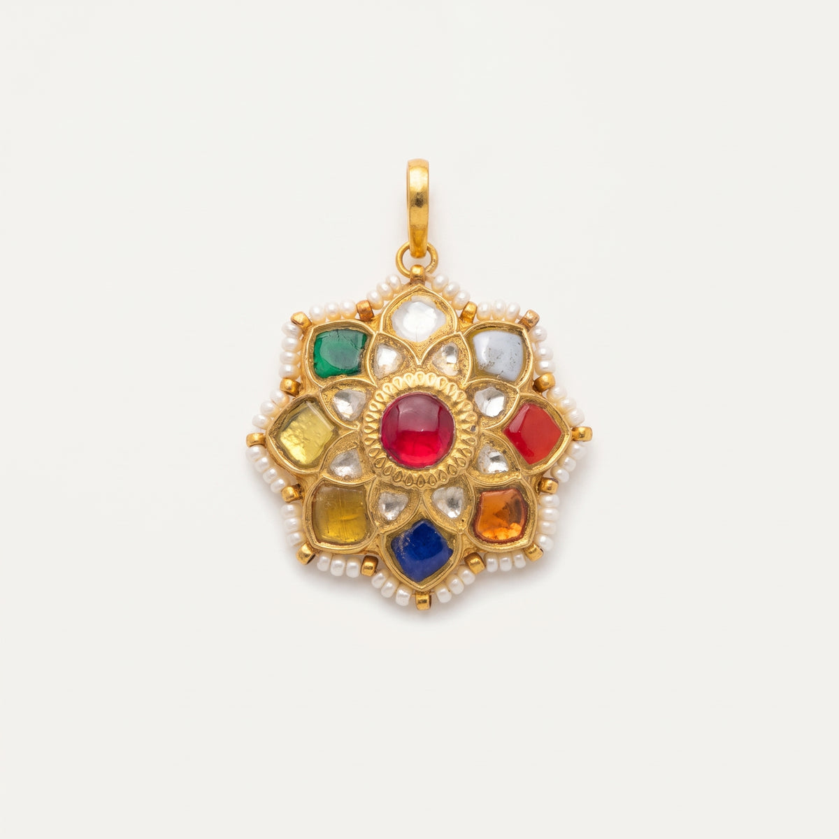 Handcrafted 22kt Gold Navratan Pendant with Certified Syndicate Polki and Multi-Colour Semi Precious Stones in Thapa Work