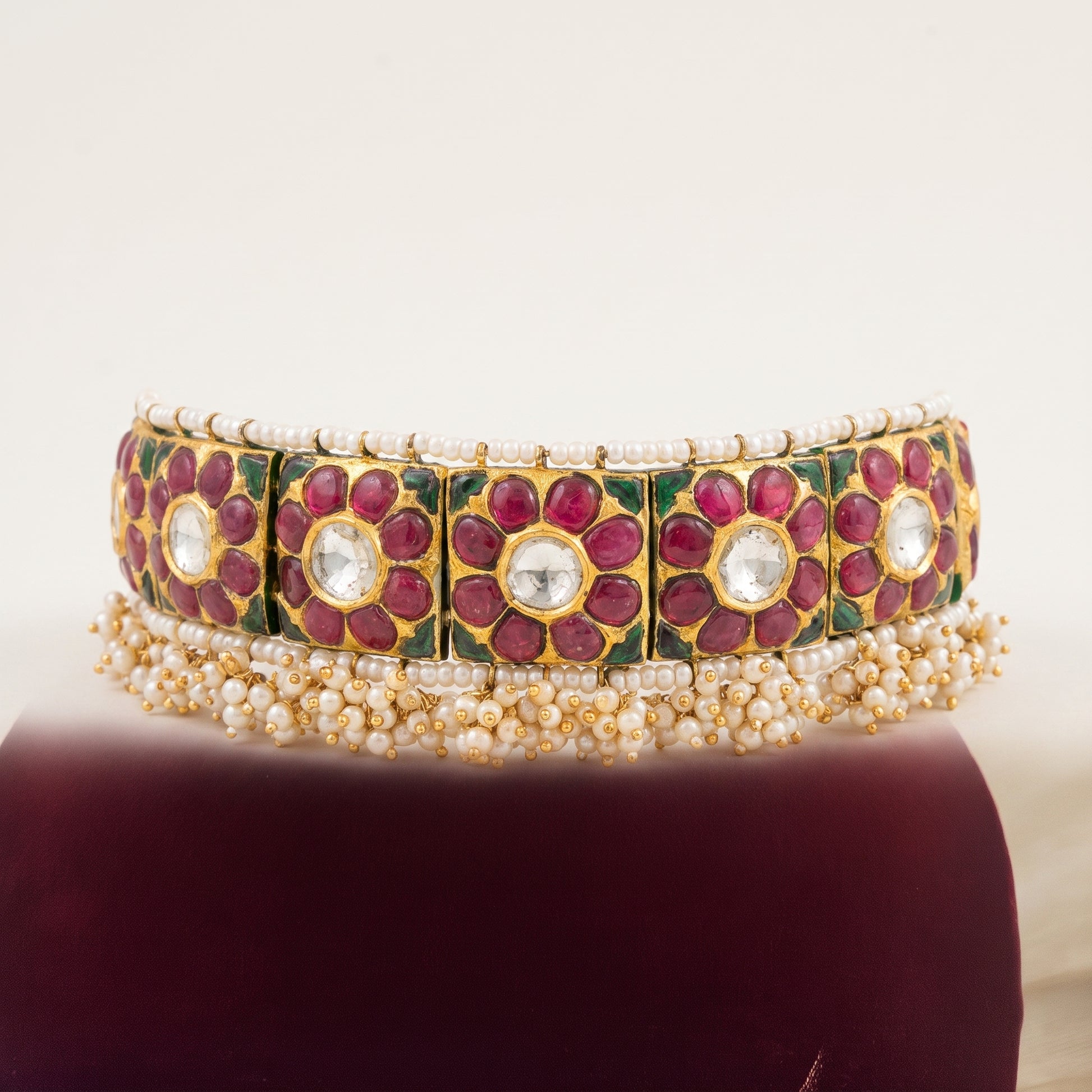 Handcrafted 22kt Gold Flower Bracelet cum Choker with 3.5 Carat Certified Syndicate Polki in Floral Thapa Work