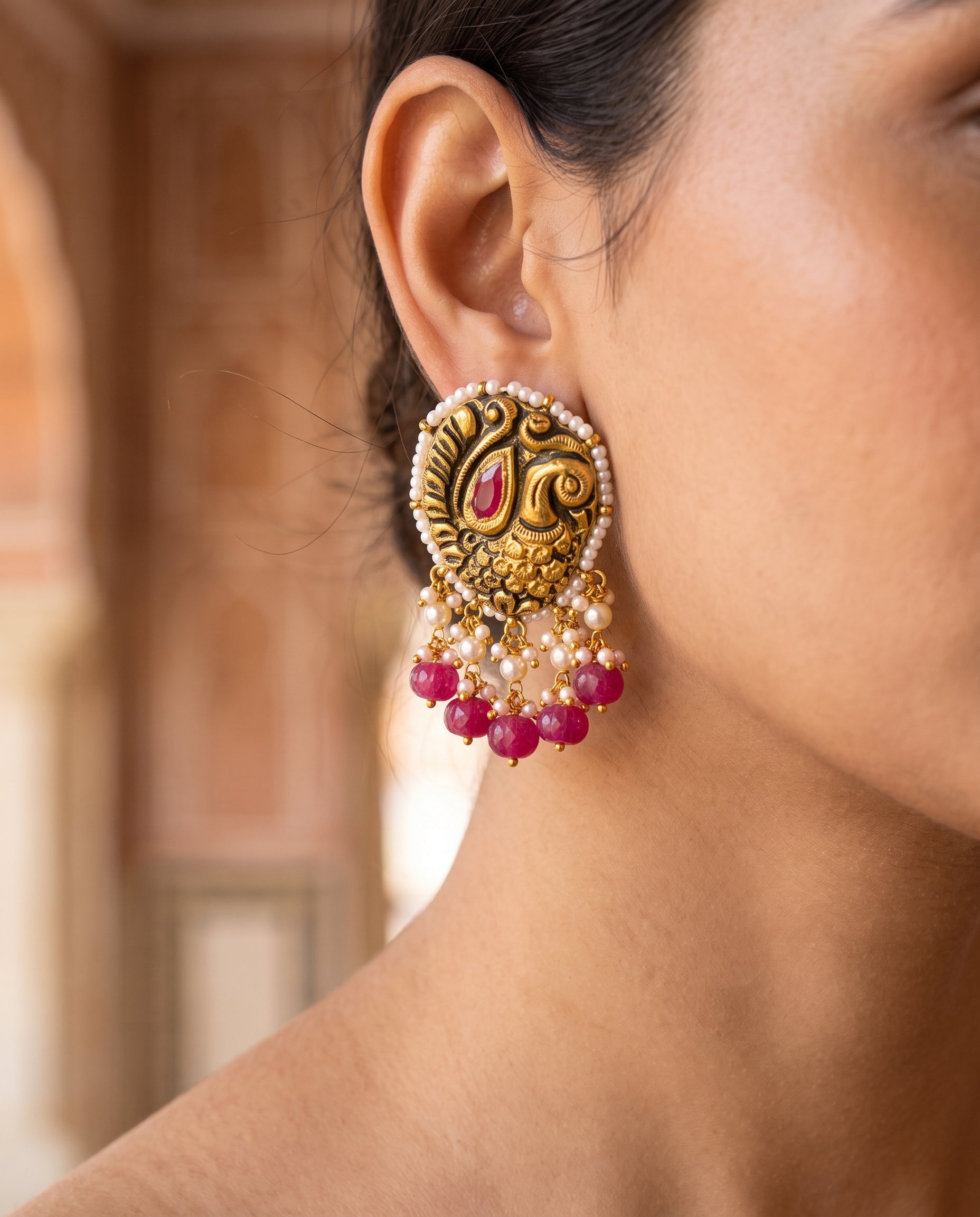 Handcrafted 22kt Gold Peacock Temple Earrings with Certified Syndicate Polki in Peacock and Temple Motif Jhumki Thapa Work