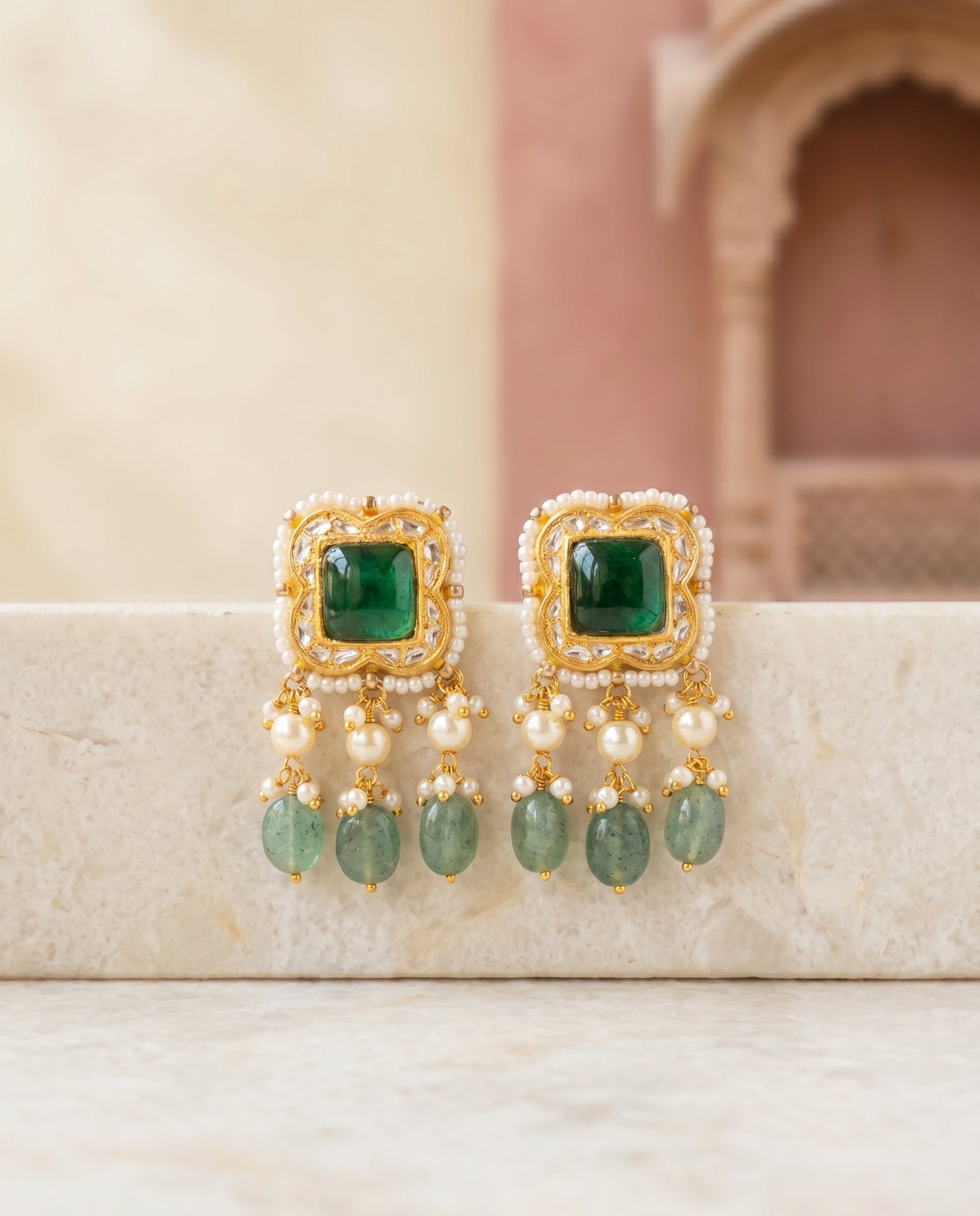 Jharoka Green square earrings | Vama Gears