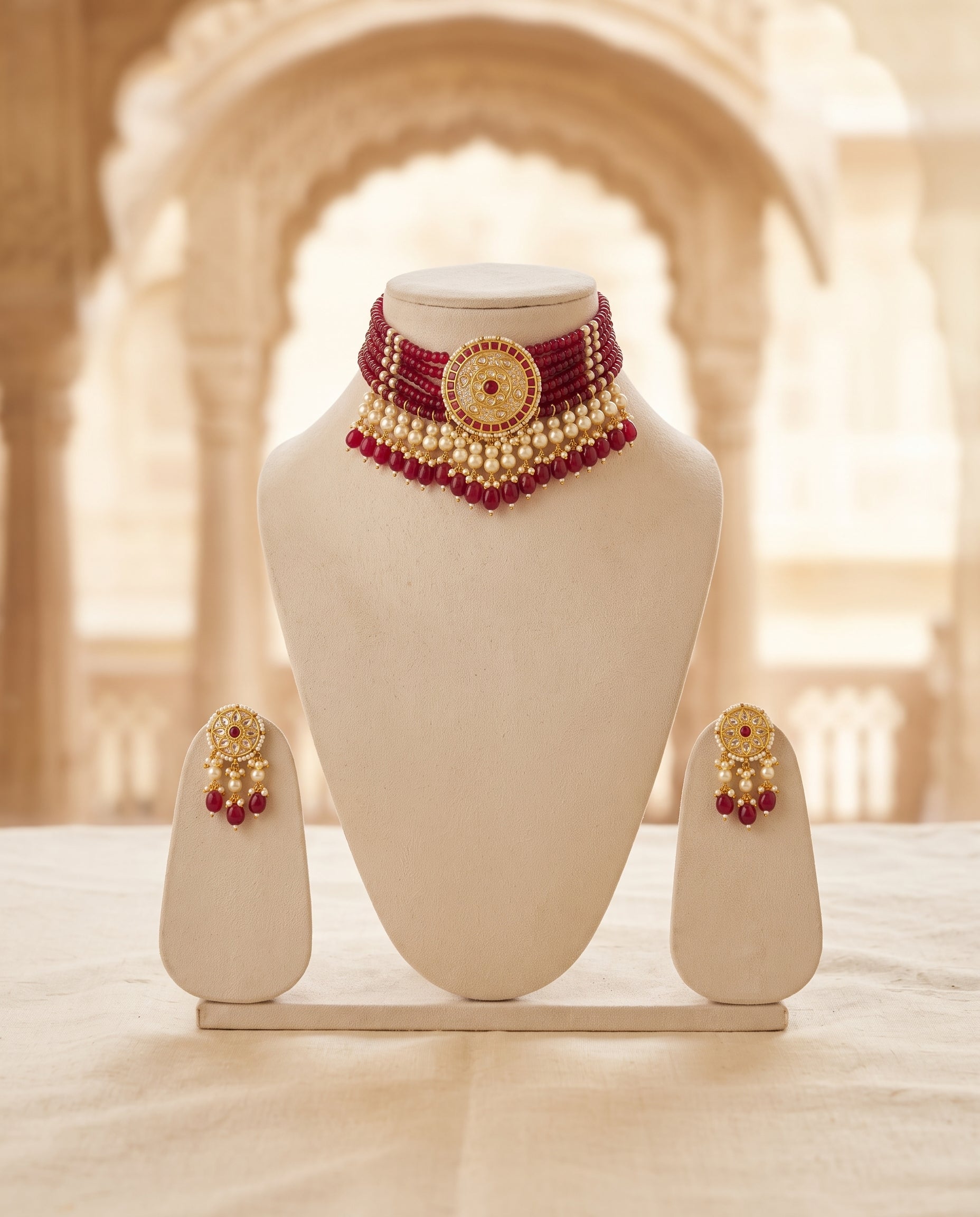 Handcrafted 22kt Gold Red Choker Set with 3 Carat Certified Syndicate Polki and Red Semi Precious Stones in Thapa Work