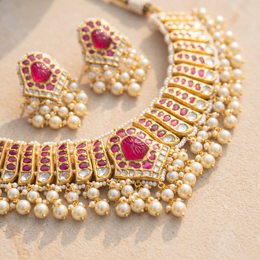 Handcrafted 22kt Gold Pink Emerald Set with 7 Carat Certified Syndicate Polki and Pink Semi Precious Stones in Thapa Work