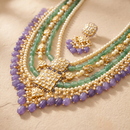Handcrafted 22kt Gold Jakarti 5 Lad Five Strand Set with 10 Carat Certified Syndicate Polki in Thapa Work