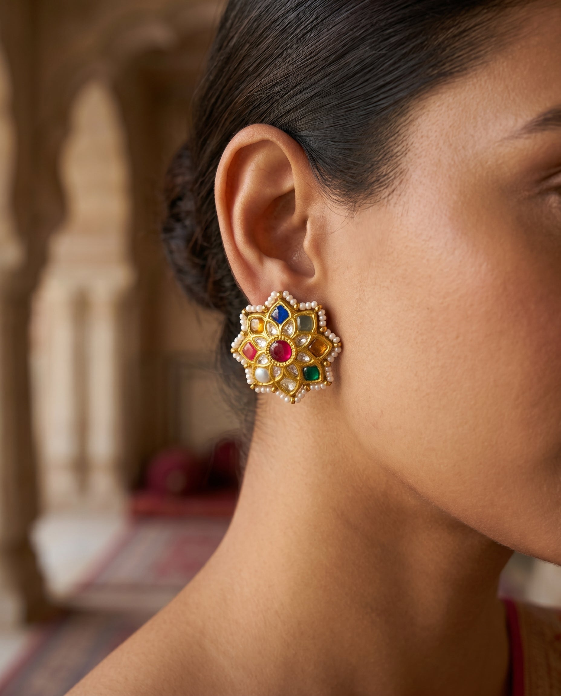 Handcrafted 22kt Gold Navratan Star Studs with 2 Carat Certified Syndicate Polki and Multi-Colour Semi Precious Stones in Thapa Work