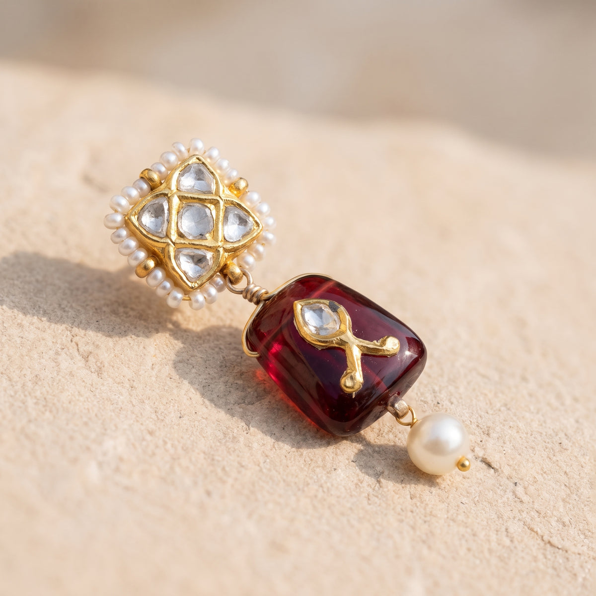 Handcrafted 22kt Gold Chowfully Stone Drop Earrings with Certified Syndicate Polki and Semi Precious Stones in Floral Cluster Thapa Work