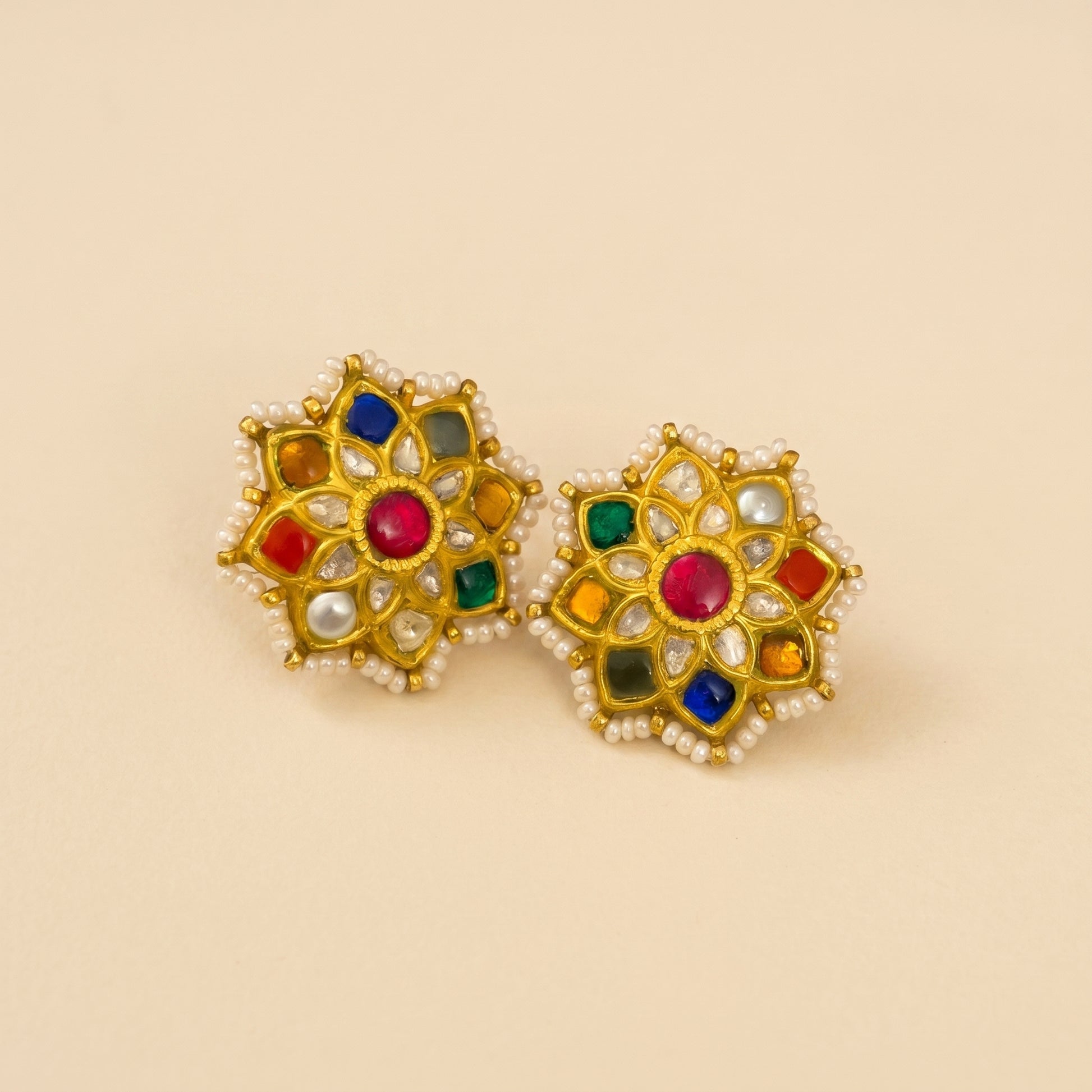 Handcrafted 22kt Gold Navratan Star Studs with 2 Carat Certified Syndicate Polki and Multi-Colour Semi Precious Stones in Thapa Work