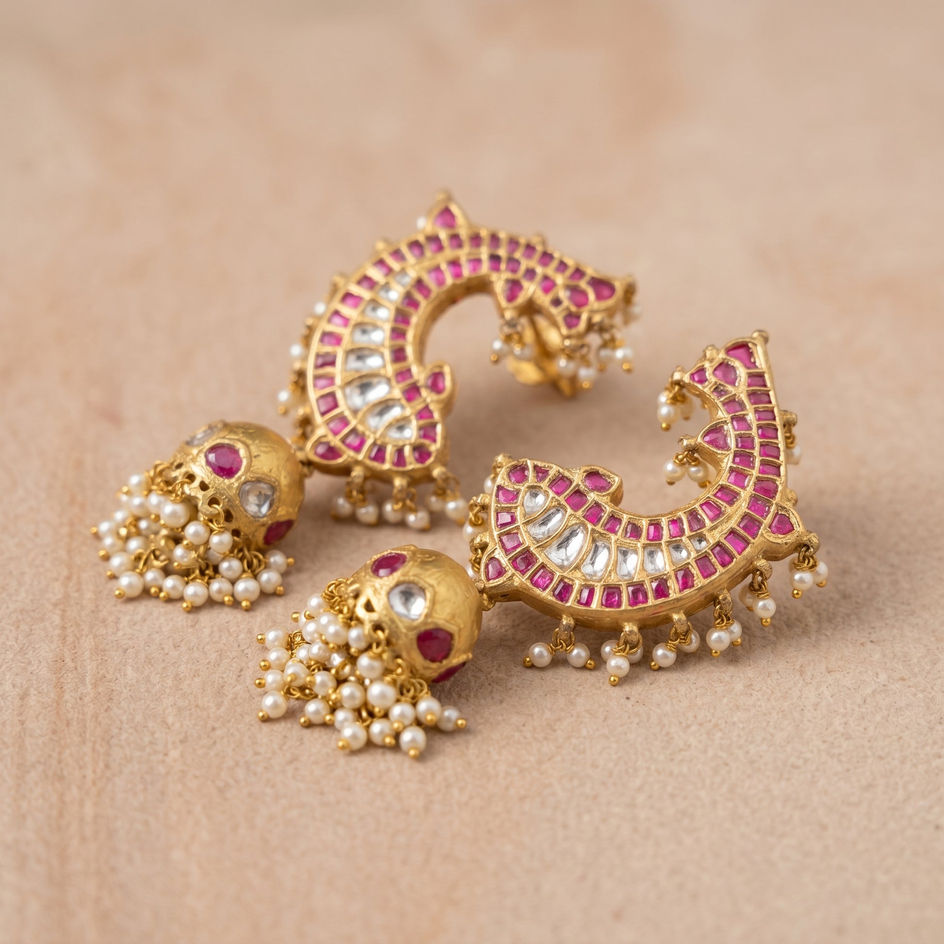 Handcrafted 22kt Gold Fish Ear Cuffs with 3 Carat Certified Syndicate Polki in Auspicious Fish Motif Thapa Work